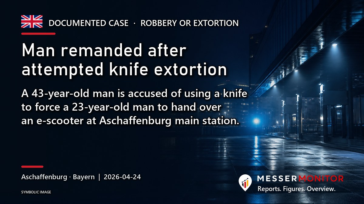 Title image: Man remanded after attempted knife extortion. A 43-year-old man is accused of using a knife to force a 23-year-old man to hand over an e-scooter at Aschaffenburg main station..