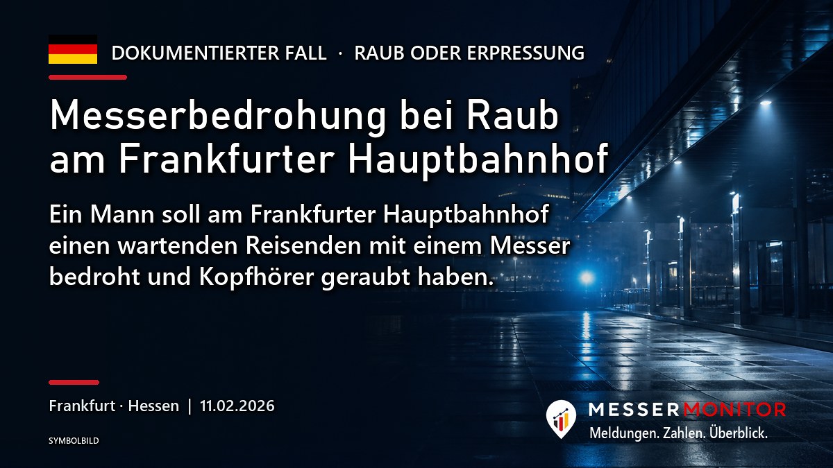 Titelgrafik: Messerbedrohung bei Raub am Frankfurter Hauptbahnhof. Ein Mann soll am Frankfurter Hauptbahnhof einen wartenden Reisenden mit einem Messer bedroht und Kopfhörer geraubt haben..