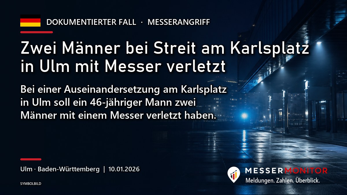 Titelgrafik: Zwei Männer bei Streit am Karlsplatz in Ulm mit Messer verletzt. Bei einer Auseinandersetzung am Karlsplatz in Ulm soll ein 46-jähriger Mann zwei Männer mit einem Messer verletzt haben..