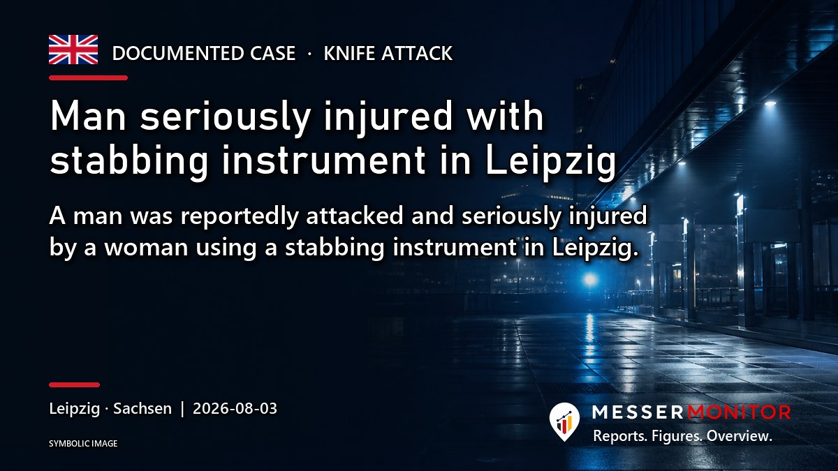 Title image: Man seriously injured with stabbing instrument in Leipzig. A man was reportedly attacked and seriously injured by a woman using a stabbing instrument in Leipzig..