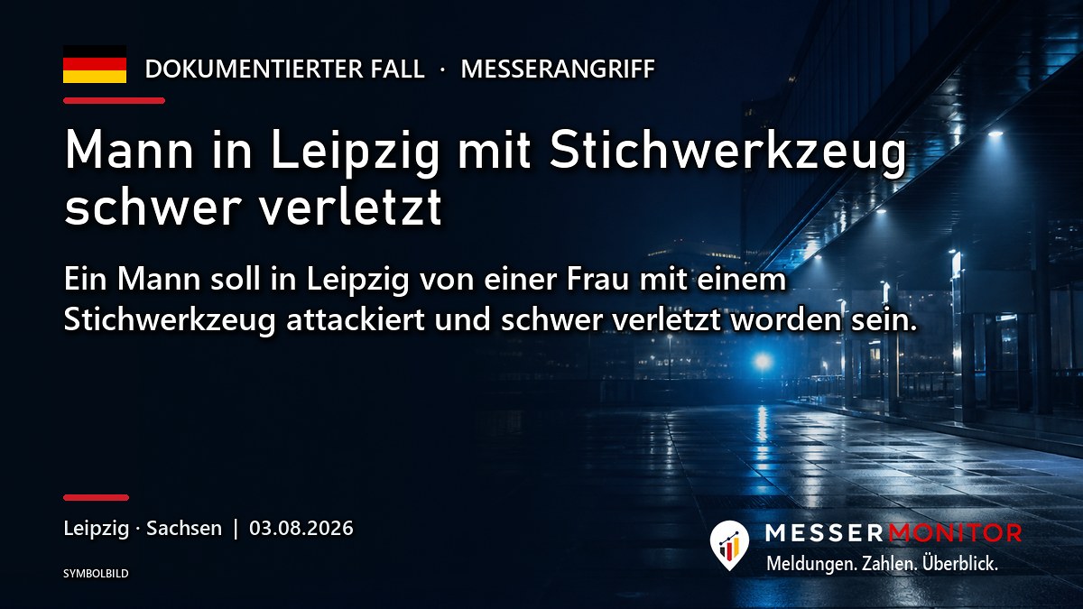 Titelgrafik: Mann in Leipzig mit Stichwerkzeug schwer verletzt. Ein Mann soll in Leipzig von einer Frau mit einem Stichwerkzeug attackiert und schwer verletzt worden sein..