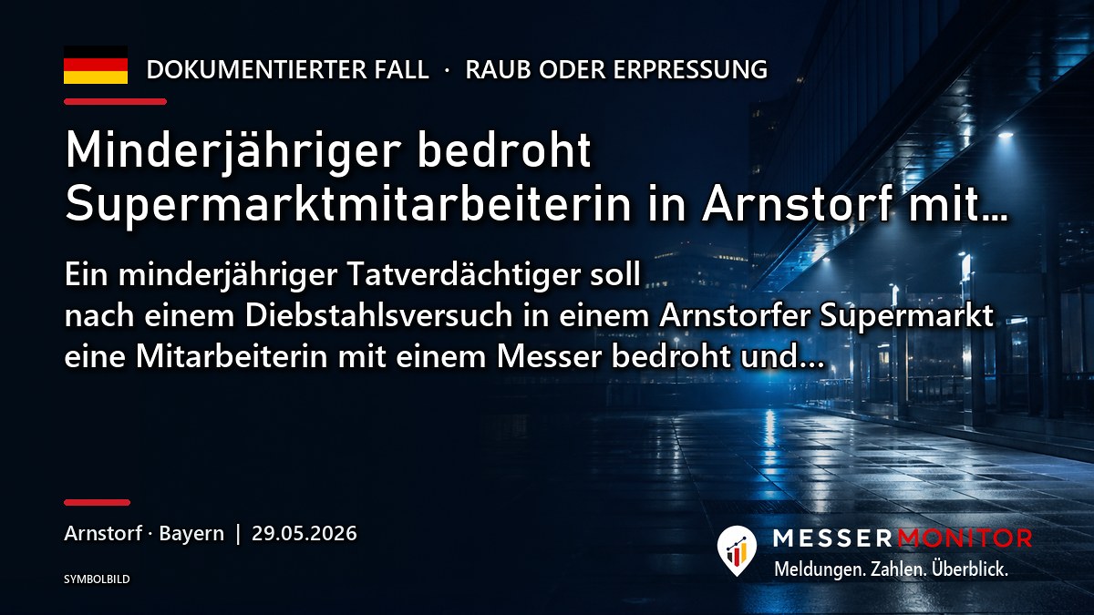 Titelgrafik: Minderjähriger bedroht Supermarktmitarbeiterin in Arnstorf mit…. Ein minderjähriger Tatverdächtiger soll nach einem Diebstahlsversuch in einem Arnstorfer Supermarkt eine Mitarbeiterin mit einem Messer bedroht und….