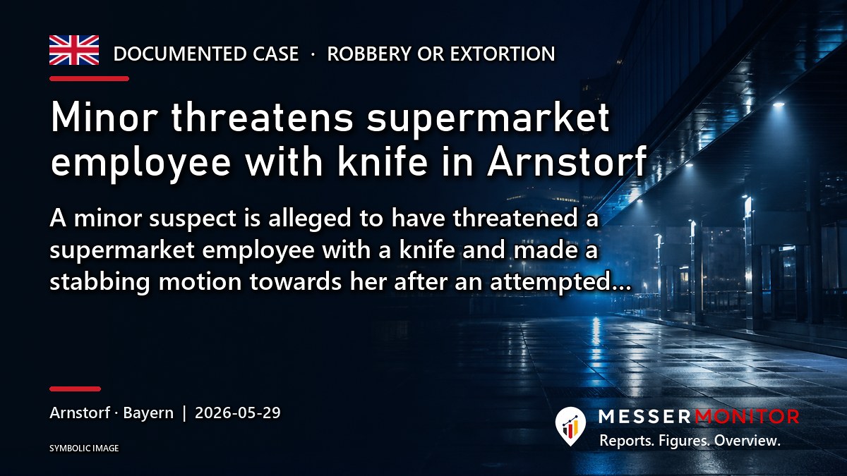 Title image: Minor threatens supermarket employee with knife in Arnstorf. A minor suspect is alleged to have threatened a supermarket employee with a knife and made a stabbing motion towards her after an attempted….