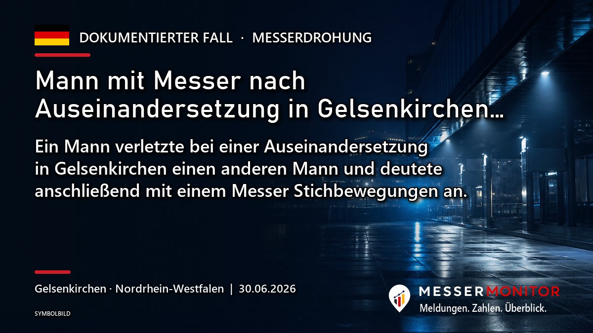 Titelgrafik: Mann mit Messer nach Auseinandersetzung in Gelsenkirchen…. Ein Mann verletzte bei einer Auseinandersetzung in Gelsenkirchen einen anderen Mann und deutete anschließend mit einem Messer Stichbewegungen an..