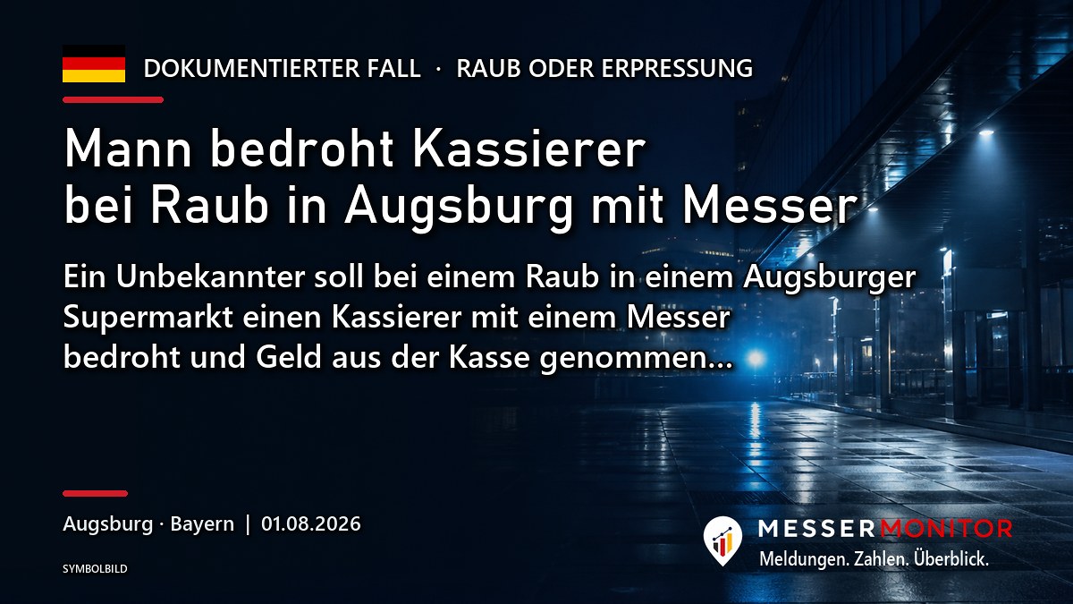 Titelgrafik: Mann bedroht Kassierer bei Raub in Augsburg mit Messer. Ein Unbekannter soll bei einem Raub in einem Augsburger Supermarkt einen Kassierer mit einem Messer bedroht und Geld aus der Kasse genommen….