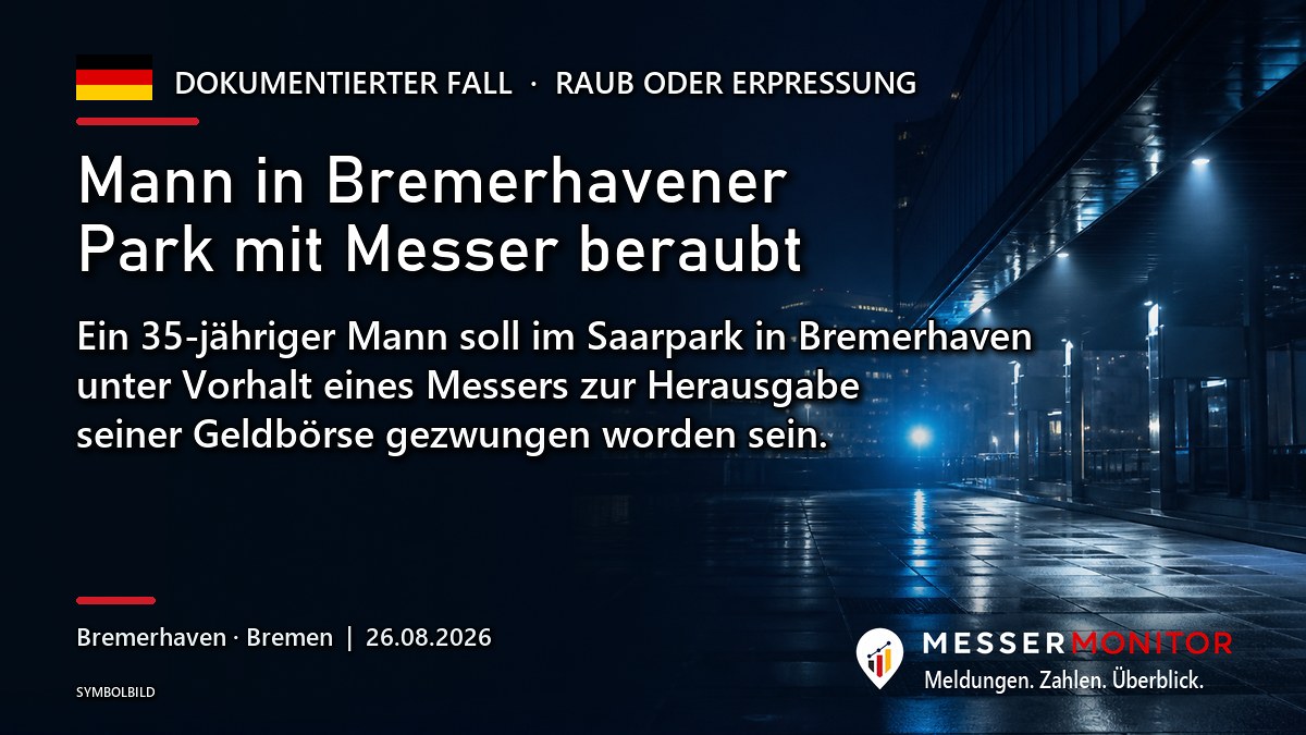 Titelgrafik: Mann in Bremerhavener Park mit Messer beraubt. Ein 35-jähriger Mann soll im Saarpark in Bremerhaven unter Vorhalt eines Messers zur Herausgabe seiner Geldbörse gezwungen worden sein..