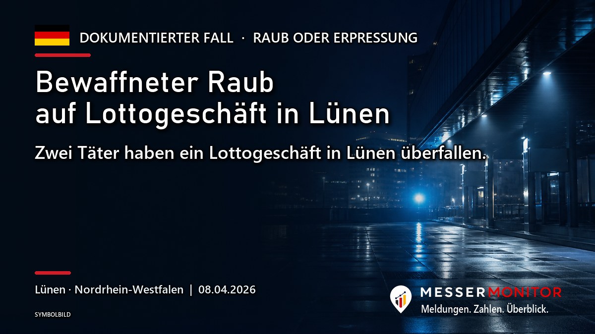 Titelgrafik: Bewaffneter Raub auf Lottogeschäft in Lünen. Zwei Täter haben ein Lottogeschäft in Lünen überfallen..