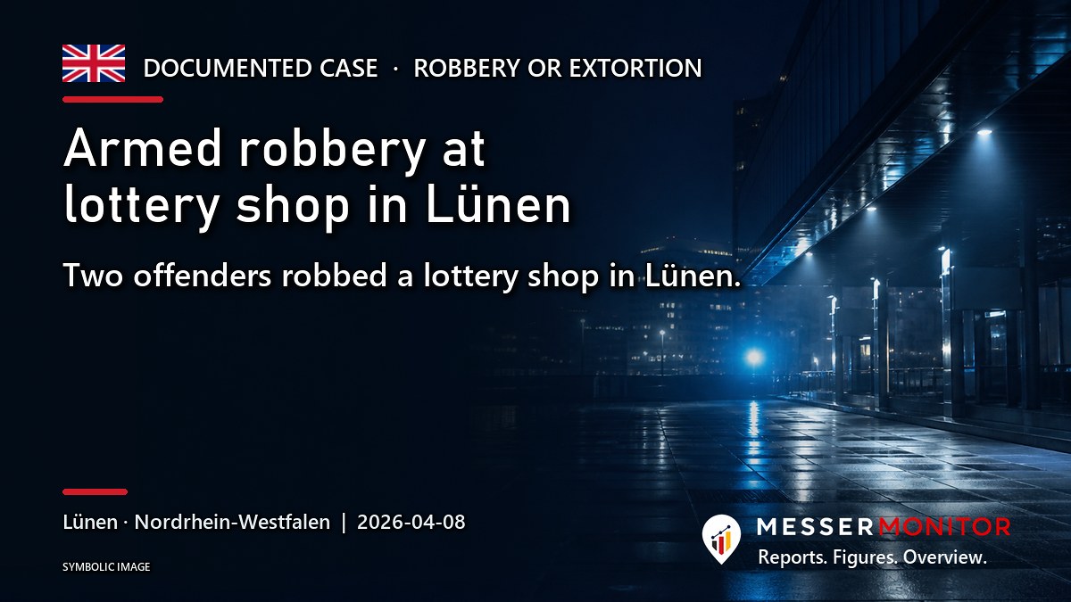 Title image: Armed robbery at lottery shop in Lünen. Two offenders robbed a lottery shop in Lünen..
