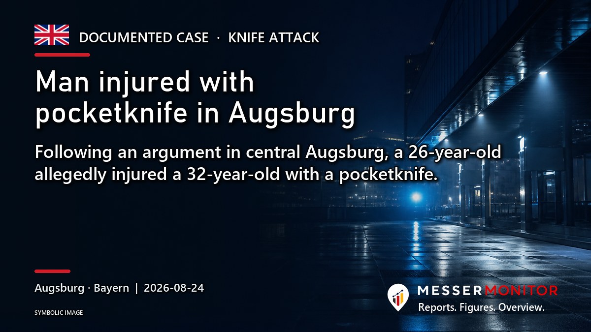 Title image: Man injured with pocketknife in Augsburg. Following an argument in central Augsburg, a 26-year-old allegedly injured a 32-year-old with a pocketknife..