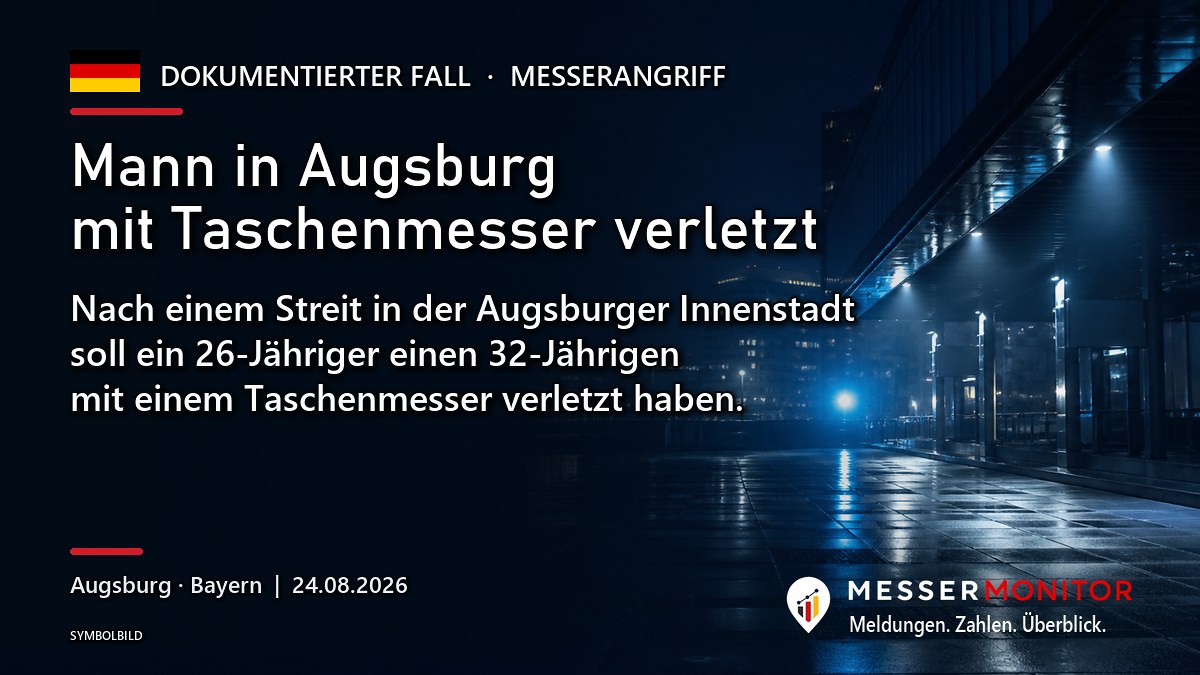 Titelgrafik: Mann in Augsburg mit Taschenmesser verletzt. Nach einem Streit in der Augsburger Innenstadt soll ein 26-Jähriger einen 32-Jährigen mit einem Taschenmesser verletzt haben..