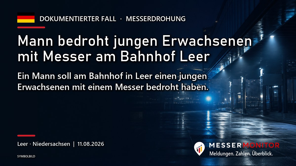 Titelgrafik: Mann bedroht jungen Erwachsenen mit Messer am Bahnhof Leer. Ein Mann soll am Bahnhof in Leer einen jungen Erwachsenen mit einem Messer bedroht haben..