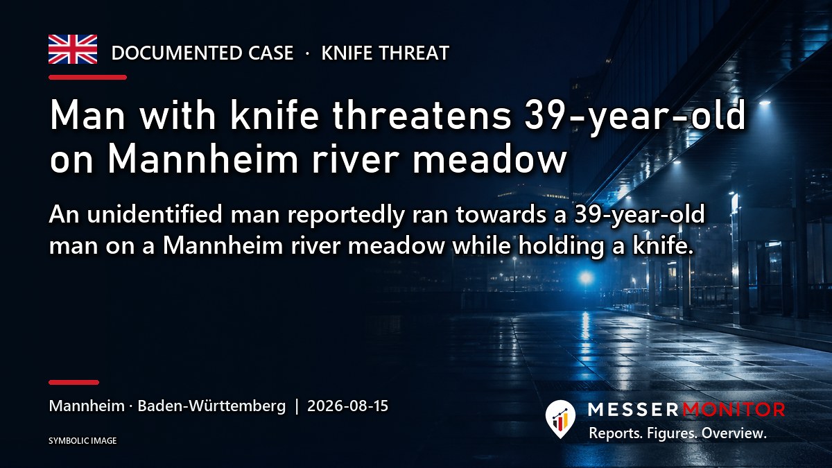 Title image: Man with knife threatens 39-year-old on Mannheim river meadow. An unidentified man reportedly ran towards a 39-year-old man on a Mannheim river meadow while holding a knife..
