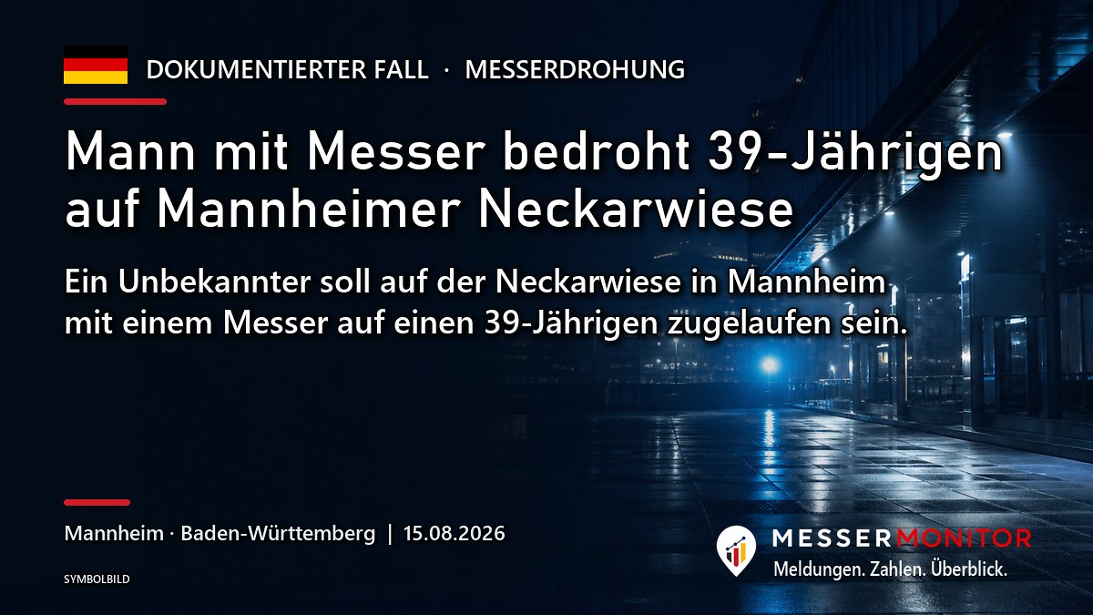 Titelgrafik: Mann mit Messer bedroht 39-Jährigen auf Mannheimer Neckarwiese. Ein Unbekannter soll auf der Neckarwiese in Mannheim mit einem Messer auf einen 39-Jährigen zugelaufen sein..
