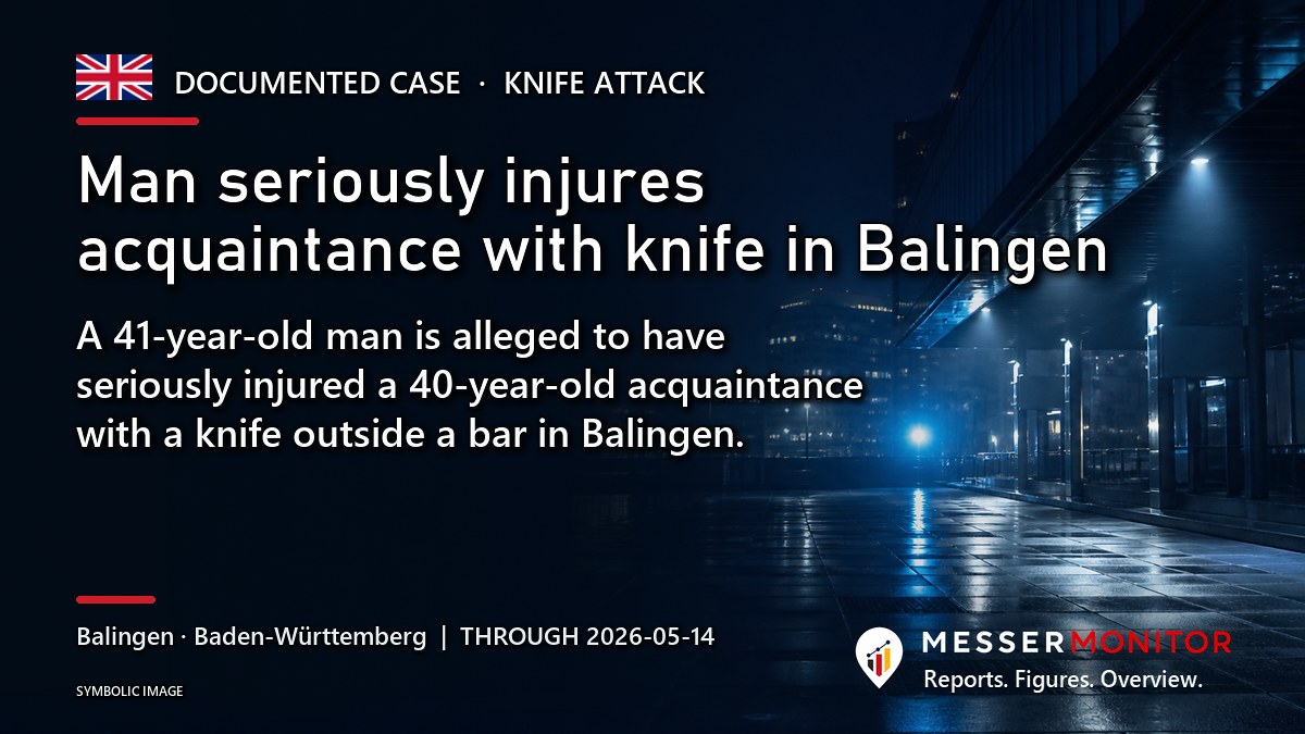 Title image: Man seriously injures acquaintance with knife in Balingen. A 41-year-old man is alleged to have seriously injured a 40-year-old acquaintance with a knife outside a bar in Balingen..