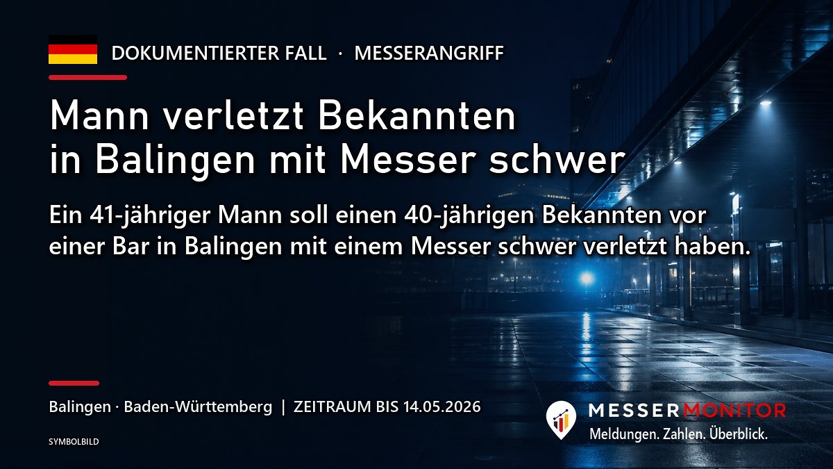 Titelgrafik: Mann verletzt Bekannten in Balingen mit Messer schwer. Ein 41-jähriger Mann soll einen 40-jährigen Bekannten vor einer Bar in Balingen mit einem Messer schwer verletzt haben..