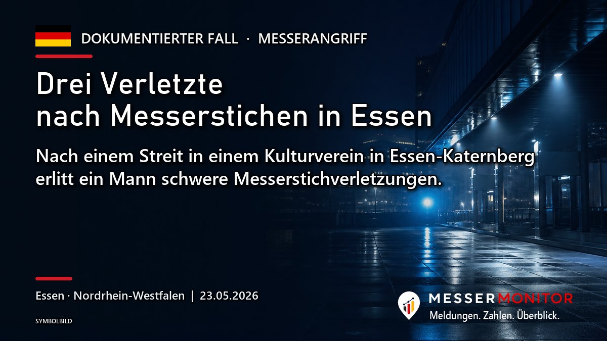 Titelgrafik: Drei Verletzte nach Messerstichen in Essen. Nach einem Streit in einem Kulturverein in Essen-Katernberg erlitt ein Mann schwere Messerstichverletzungen..