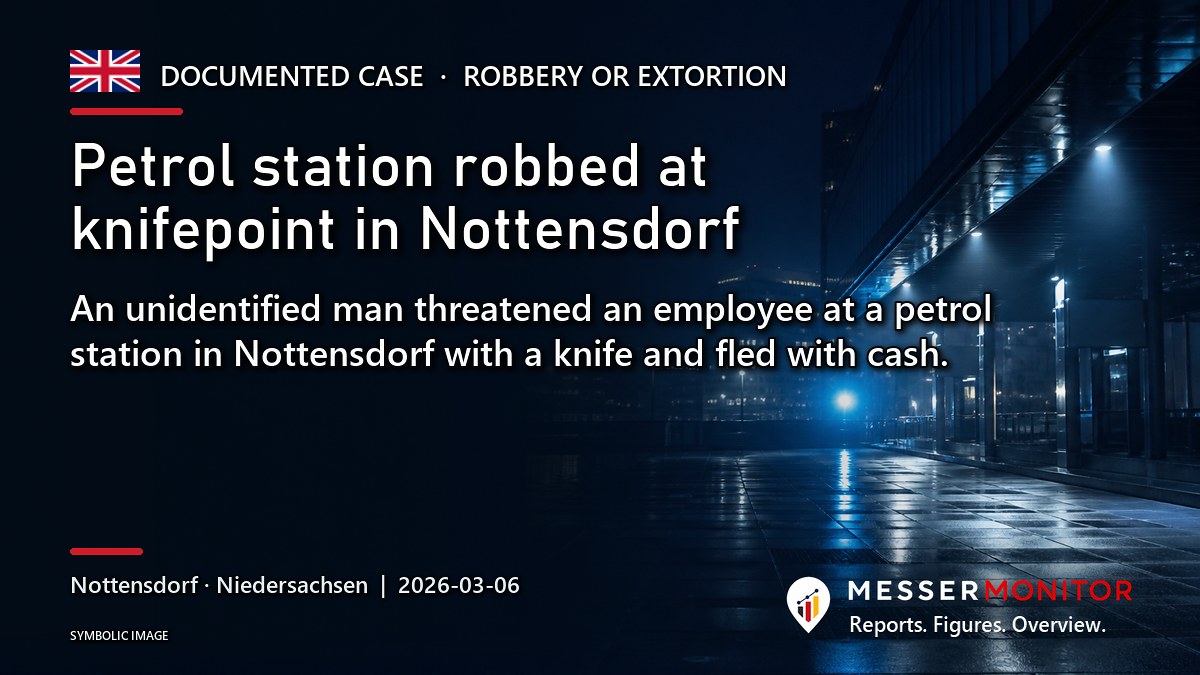 Title image: Petrol station robbed at knifepoint in Nottensdorf. An unidentified man threatened an employee at a petrol station in Nottensdorf with a knife and fled with cash..