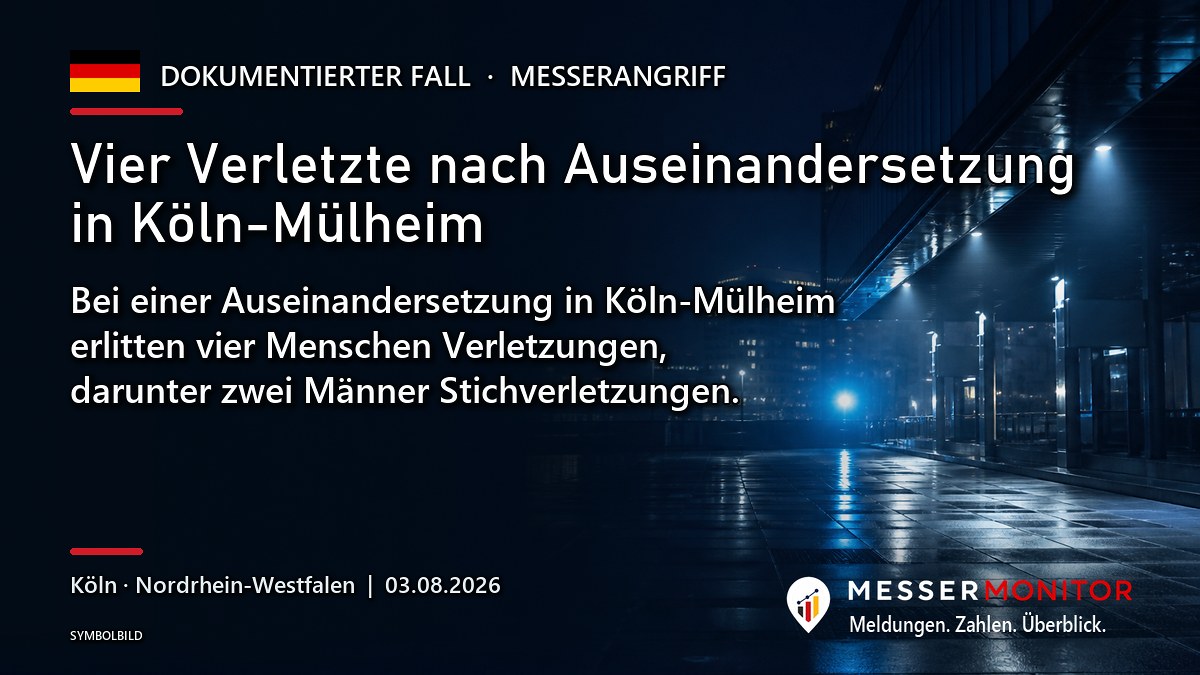 Titelgrafik: Vier Verletzte nach Auseinandersetzung in Köln-Mülheim. Bei einer Auseinandersetzung in Köln-Mülheim erlitten vier Menschen Verletzungen, darunter zwei Männer Stichverletzungen..