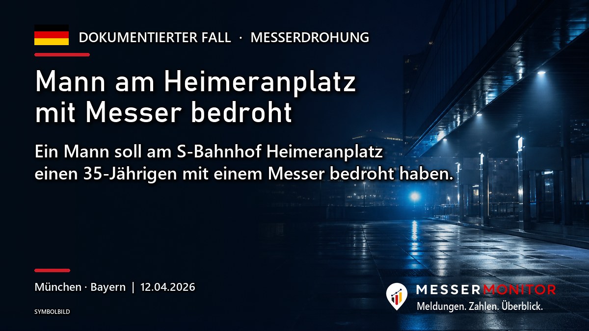 Titelgrafik: Mann am Heimeranplatz mit Messer bedroht. Ein Mann soll am S-Bahnhof Heimeranplatz einen 35-Jährigen mit einem Messer bedroht haben..