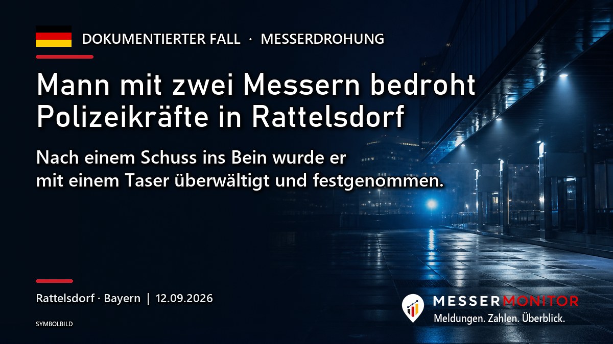 Titelgrafik: Mann mit zwei Messern bedroht Polizeikräfte in Rattelsdorf. Nach einem Schuss ins Bein wurde er mit einem Taser überwältigt und festgenommen.