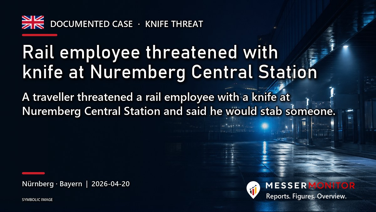 Title image: Rail employee threatened with knife at Nuremberg Central Station. A traveller threatened a rail employee with a knife at Nuremberg Central Station and said he would stab someone..