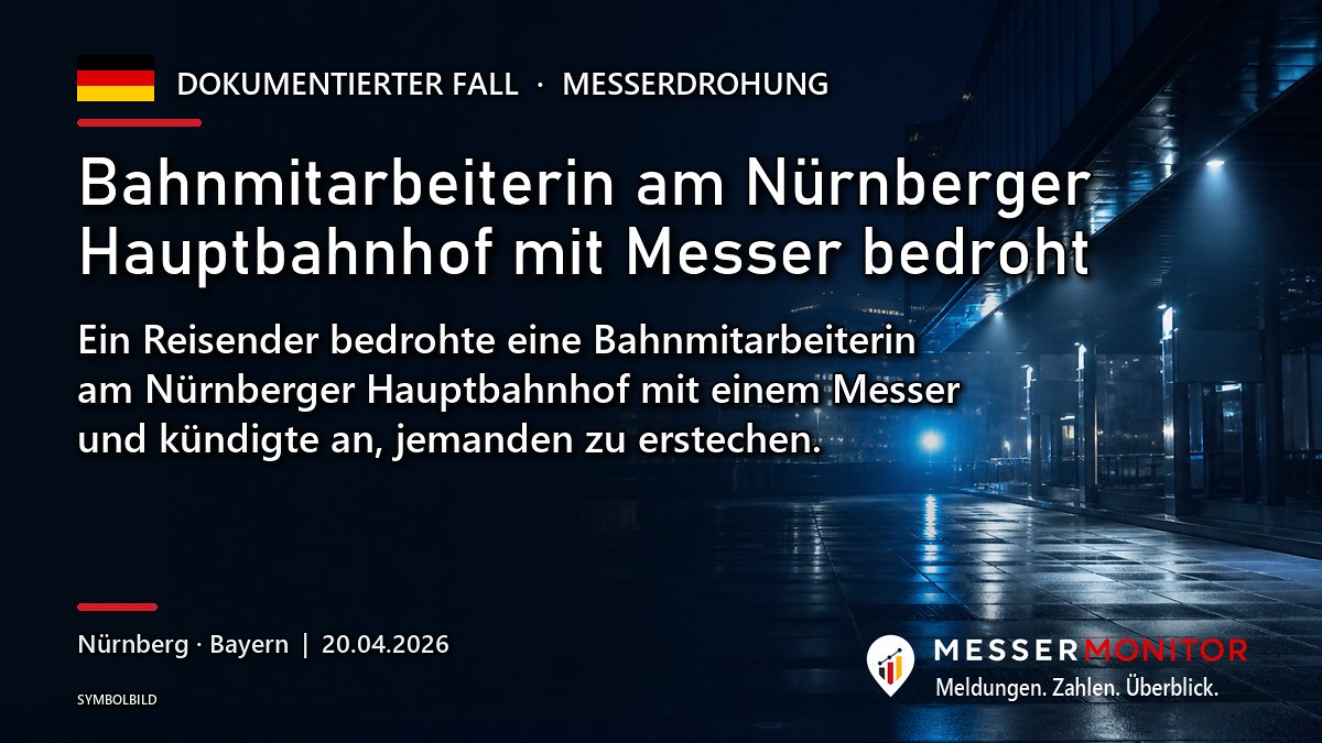 Titelgrafik: Bahnmitarbeiterin am Nürnberger Hauptbahnhof mit Messer bedroht. Ein Reisender bedrohte eine Bahnmitarbeiterin am Nürnberger Hauptbahnhof mit einem Messer und kündigte an, jemanden zu erstechen..