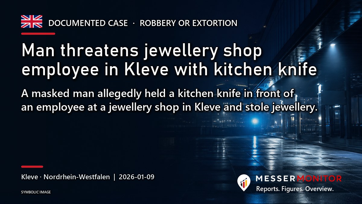 Title image: Man threatens jewellery shop employee in Kleve with kitchen knife. A masked man allegedly held a kitchen knife in front of an employee at a jewellery shop in Kleve and stole jewellery..