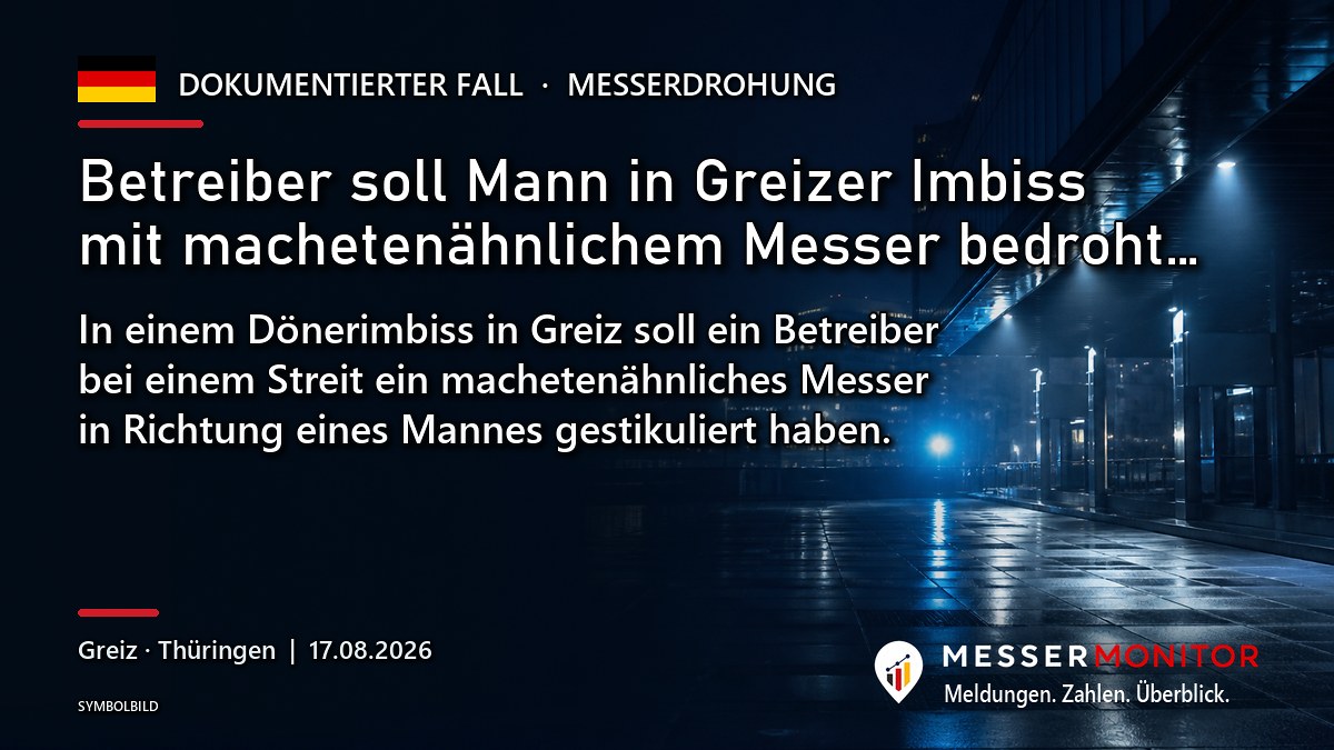 Titelgrafik: Betreiber soll Mann in Greizer Imbiss mit machetenähnlichem Messer bedroht…. In einem Dönerimbiss in Greiz soll ein Betreiber bei einem Streit ein machetenähnliches Messer in Richtung eines Mannes gestikuliert haben..