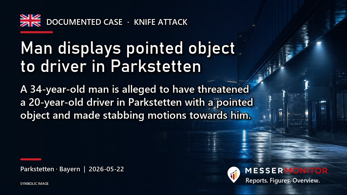 Title image: Man displays pointed object to driver in Parkstetten. A 34-year-old man is alleged to have threatened a 20-year-old driver in Parkstetten with a pointed object and made stabbing motions towards him..