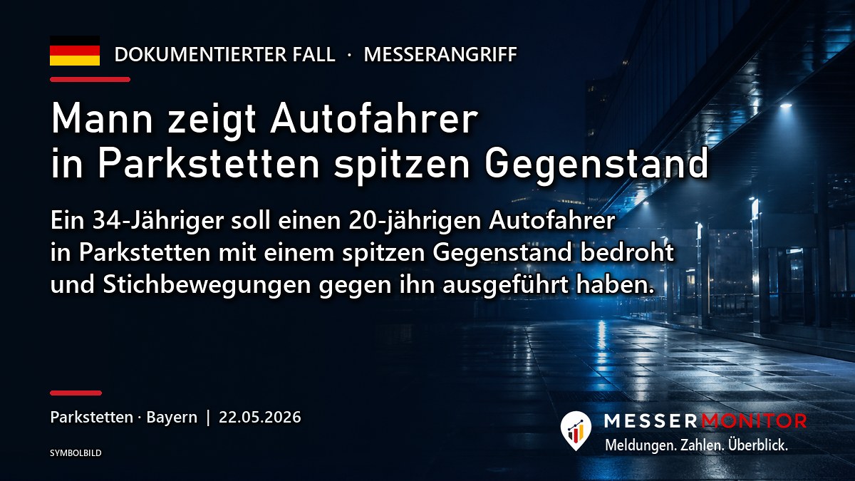Titelgrafik: Mann zeigt Autofahrer in Parkstetten spitzen Gegenstand. Ein 34-Jähriger soll einen 20-jährigen Autofahrer in Parkstetten mit einem spitzen Gegenstand bedroht und Stichbewegungen gegen ihn ausgeführt haben..