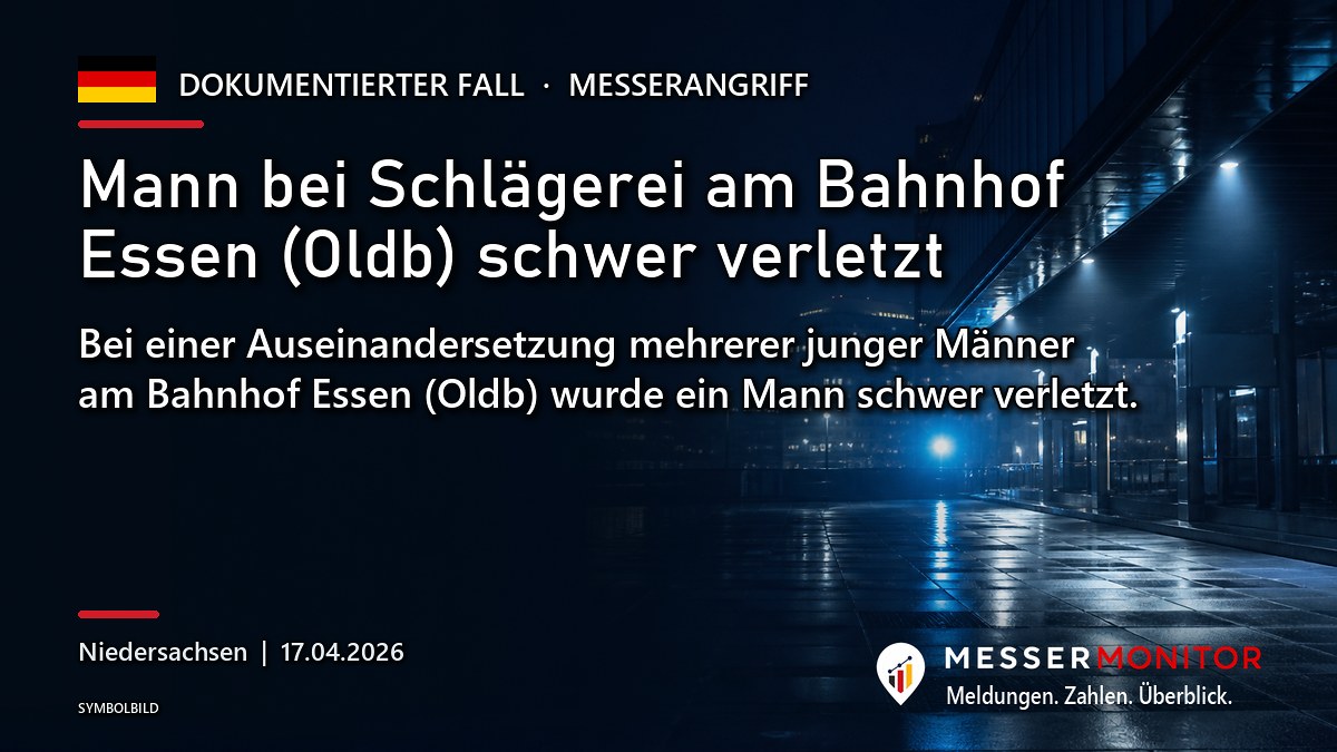 Titelgrafik: Mann bei Schlägerei am Bahnhof Essen (Oldb) schwer verletzt. Bei einer Auseinandersetzung mehrerer junger Männer am Bahnhof Essen (Oldb) wurde ein Mann schwer verletzt..