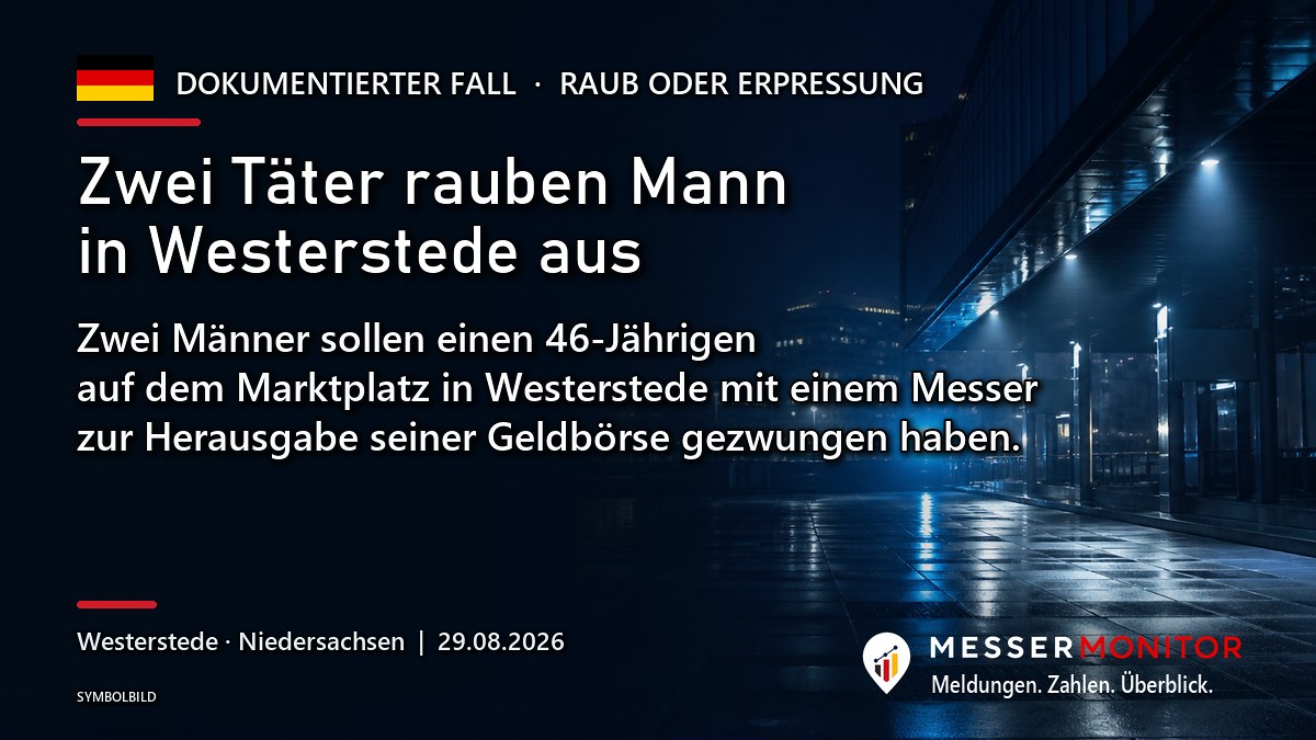 Titelgrafik: Zwei Täter rauben Mann in Westerstede aus. Zwei Männer sollen einen 46-Jährigen auf dem Marktplatz in Westerstede mit einem Messer zur Herausgabe seiner Geldbörse gezwungen haben..