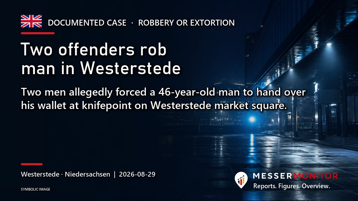 Title image: Two offenders rob man in Westerstede. Two men allegedly forced a 46-year-old man to hand over his wallet at knifepoint on Westerstede market square..