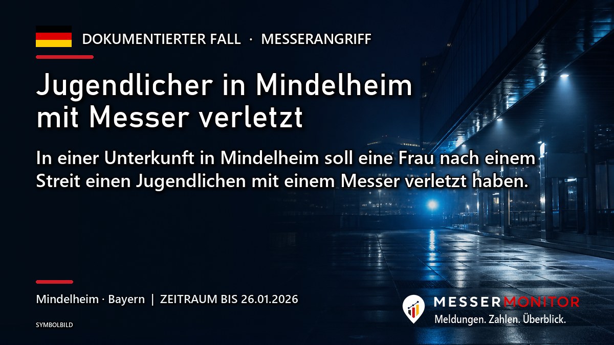 Titelgrafik: Jugendlicher in Mindelheim mit Messer verletzt. In einer Unterkunft in Mindelheim soll eine Frau nach einem Streit einen Jugendlichen mit einem Messer verletzt haben..
