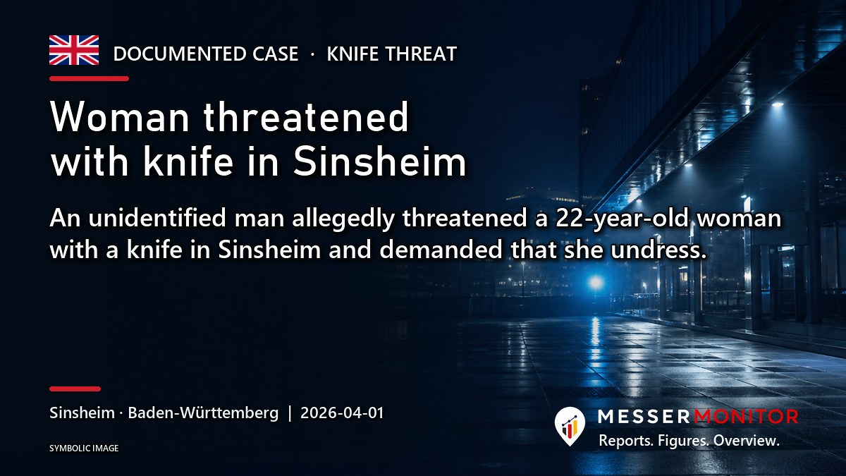 Title image: Woman threatened with knife in Sinsheim. An unidentified man allegedly threatened a 22-year-old woman with a knife in Sinsheim and demanded that she undress..