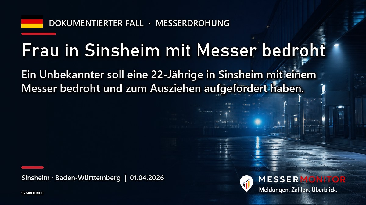 Titelgrafik: Frau in Sinsheim mit Messer bedroht. Ein Unbekannter soll eine 22-Jährige in Sinsheim mit einem Messer bedroht und zum Ausziehen aufgefordert haben..