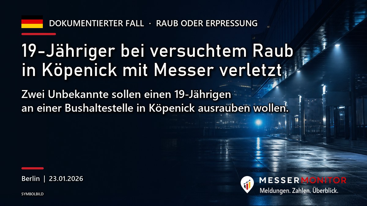 Titelgrafik: 19-Jähriger bei versuchtem Raub in Köpenick mit Messer verletzt. Zwei Unbekannte sollen einen 19-Jährigen an einer Bushaltestelle in Köpenick ausrauben wollen..