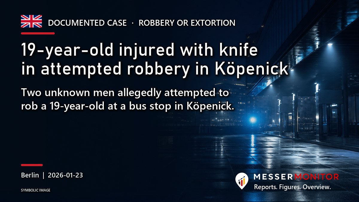 Title image: 19-year-old injured with knife in attempted robbery in Köpenick. Two unknown men allegedly attempted to rob a 19-year-old at a bus stop in Köpenick..