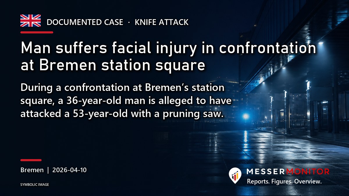 Title image: Man suffers facial injury in confrontation at Bremen station square. During a confrontation at Bremen’s station square, a 36-year-old man is alleged to have attacked a 53-year-old with a pruning saw..