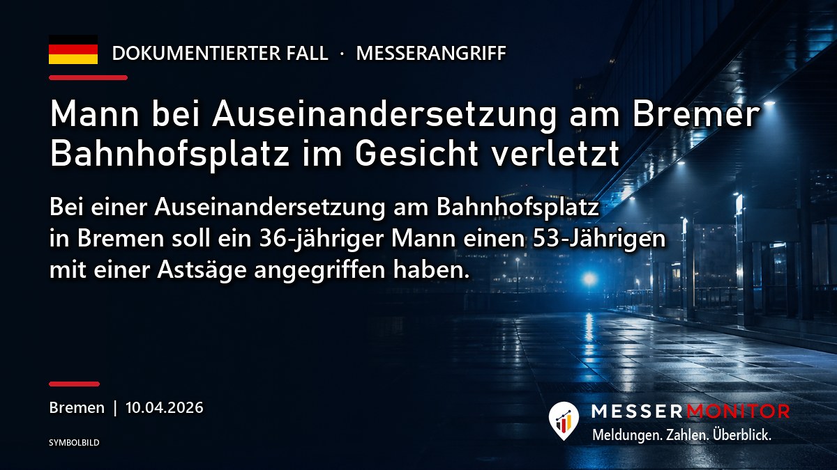 Titelgrafik: Mann bei Auseinandersetzung am Bremer Bahnhofsplatz im Gesicht verletzt. Bei einer Auseinandersetzung am Bahnhofsplatz in Bremen soll ein 36-jähriger Mann einen 53-Jährigen mit einer Astsäge angegriffen haben..