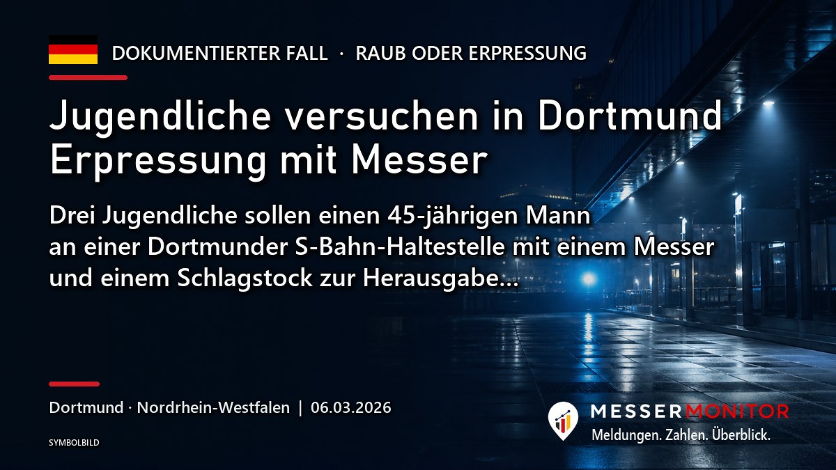 Titelgrafik: Jugendliche versuchen in Dortmund Erpressung mit Messer. Drei Jugendliche sollen einen 45-jährigen Mann an einer Dortmunder S-Bahn-Haltestelle mit einem Messer und einem Schlagstock zur Herausgabe….