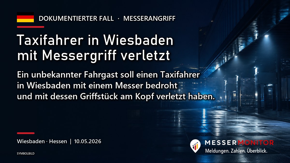 Titelgrafik: Taxifahrer in Wiesbaden mit Messergriff verletzt. Ein unbekannter Fahrgast soll einen Taxifahrer in Wiesbaden mit einem Messer bedroht und mit dessen Griffstück am Kopf verletzt haben..