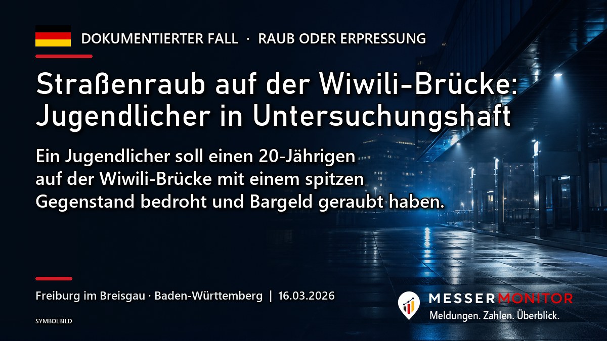 Titelgrafik: Straßenraub auf der Wiwili-Brücke: Jugendlicher in Untersuchungshaft. Ein Jugendlicher soll einen 20-Jährigen auf der Wiwili-Brücke mit einem spitzen Gegenstand bedroht und Bargeld geraubt haben..