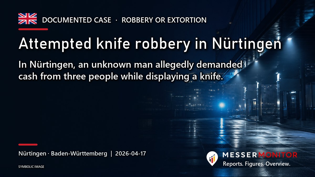 Title image: Attempted knife robbery in Nürtingen. In Nürtingen, an unknown man allegedly demanded cash from three people while displaying a knife..