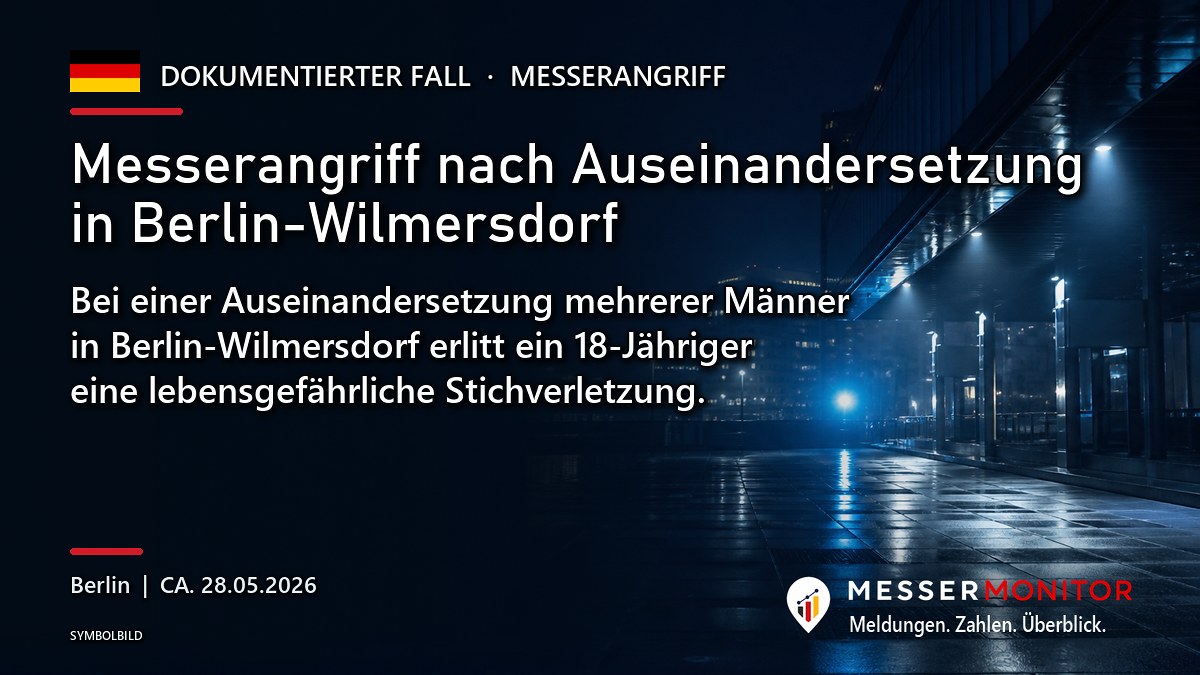 Titelgrafik: Messerangriff nach Auseinandersetzung in Berlin-Wilmersdorf. Bei einer Auseinandersetzung mehrerer Männer in Berlin-Wilmersdorf erlitt ein 18-Jähriger eine lebensgefährliche Stichverletzung..