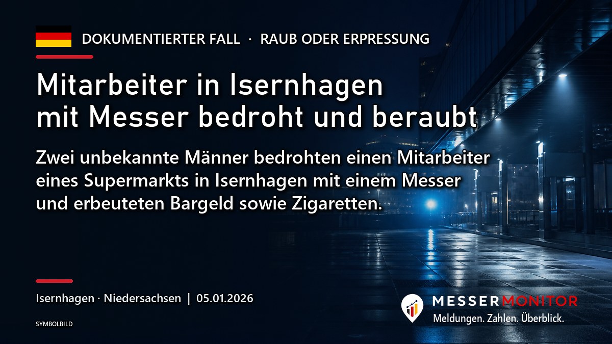 Titelgrafik: Mitarbeiter in Isernhagen mit Messer bedroht und beraubt. Zwei unbekannte Männer bedrohten einen Mitarbeiter eines Supermarkts in Isernhagen mit einem Messer und erbeuteten Bargeld sowie Zigaretten..