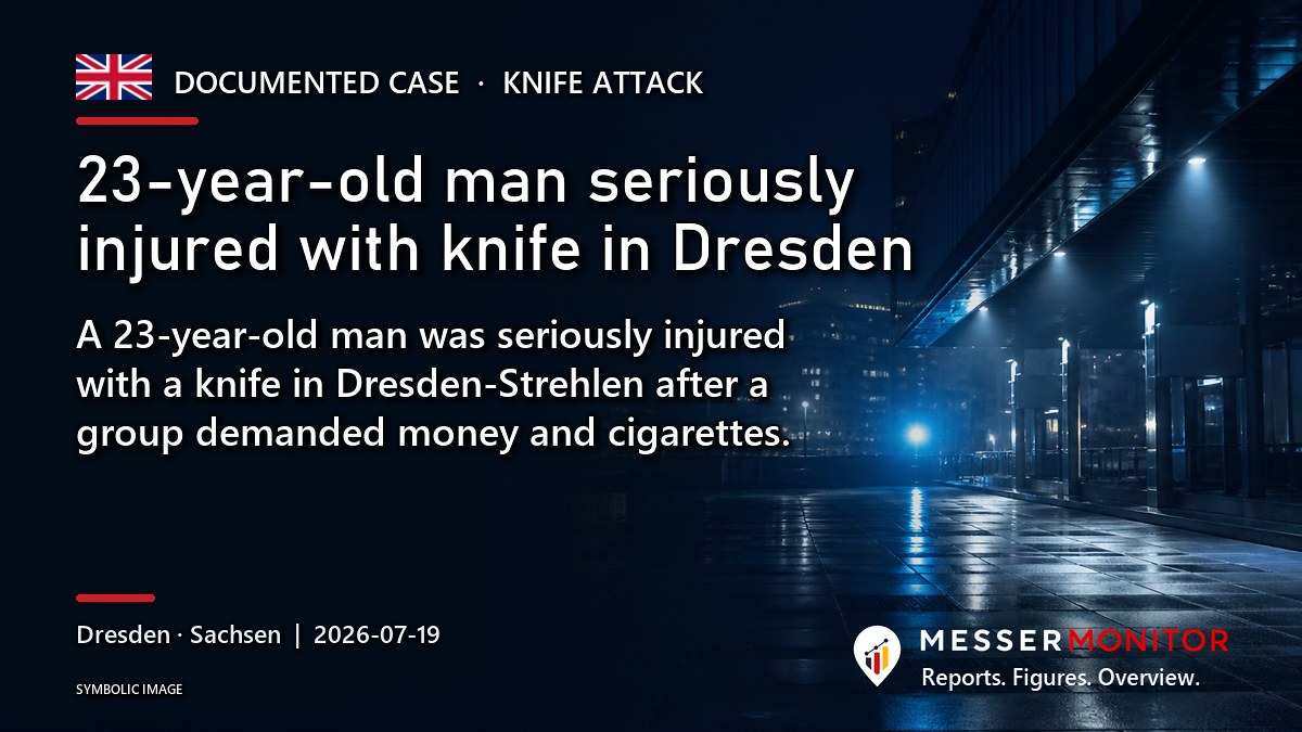 Title image: 23-year-old man seriously injured with knife in Dresden. A 23-year-old man was seriously injured with a knife in Dresden-Strehlen after a group demanded money and cigarettes..