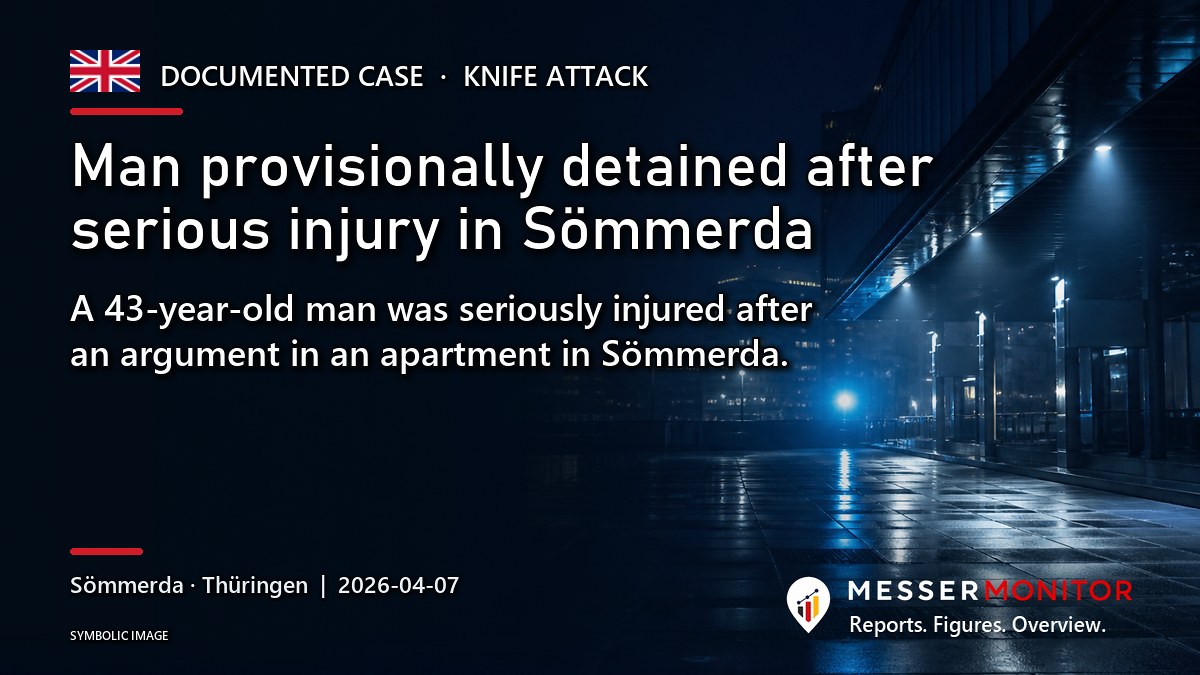 Title image: Man provisionally detained after serious injury in Sömmerda. A 43-year-old man was seriously injured after an argument in an apartment in Sömmerda..