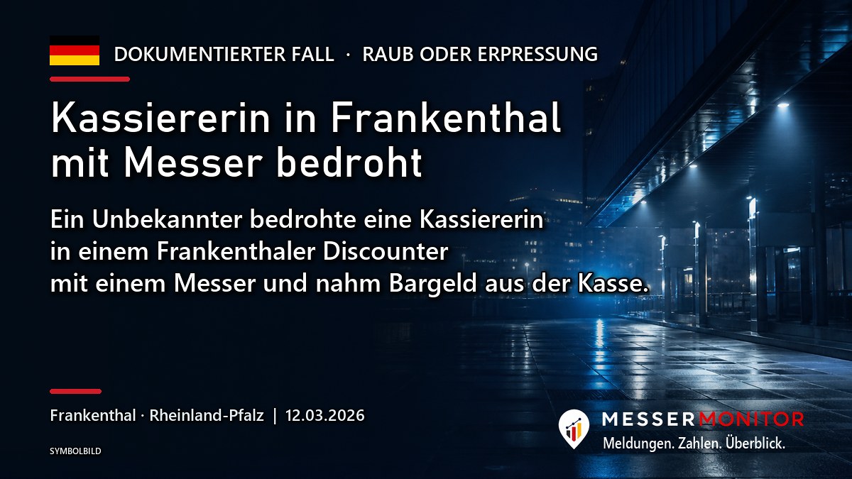 Titelgrafik: Kassiererin in Frankenthal mit Messer bedroht. Ein Unbekannter bedrohte eine Kassiererin in einem Frankenthaler Discounter mit einem Messer und nahm Bargeld aus der Kasse..