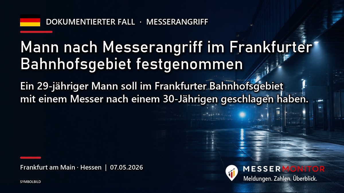 Titelgrafik: Mann nach Messerangriff im Frankfurter Bahnhofsgebiet festgenommen. Ein 29-jähriger Mann soll im Frankfurter Bahnhofsgebiet mit einem Messer nach einem 30-Jährigen geschlagen haben..